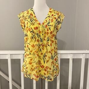 NWT Pale Sky Yellow Floral Pleated Front V-neck Blouse Size Small